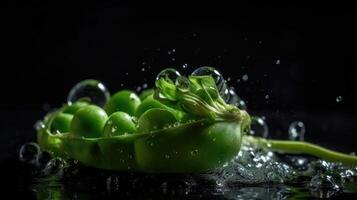 Fresh Green Pea hit by splashes of water with black blur background, AI Generative photo