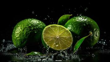 Close-up fresh lime hit by splashes of water with black blur background, AI Generative photo