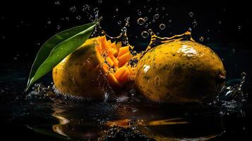 Fresh Mango hit by splashes of water with black blur background, photo