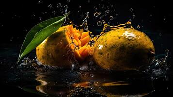 Fresh Mango hit by splashes of water with black blur background, AI Generative photo