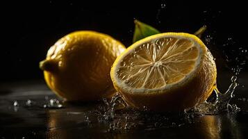 Closeup Lemon hit by splashes of water with black blur background, photo