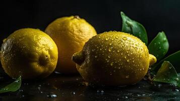 Closeup Lemon hit by splashes of water with black blur background, photo