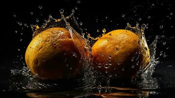 Mango hit by splashes of water with black blur background, AI Generative photo