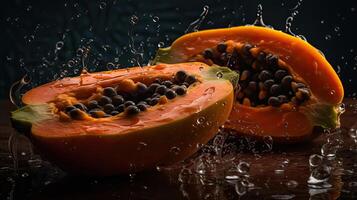 Papaya hit by splashes of water with black blur background, photo