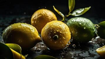 Fresh Lemon hit by splashes of water with black blur background, photo