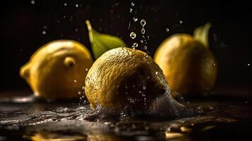 Fresh Lemon hit by splashes of water with black blur background, photo