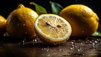 Closeup Lemon hit by splashes of water with black blur background, photo
