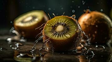 Kiwi hit by splashes of water with black blur background, AI Generative photo