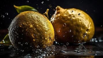 Fresh Lemon hit by splashes of water with black blur background, photo