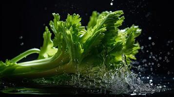 Celery vegetable hit by splashes of water with black blur background, AI Generative photo