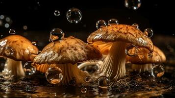 Fresh Mushroom hit by splashes of water with black blur background, AI Generative photo