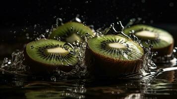 Kiwi hit by splashes of water with black blur background, AI Generative photo