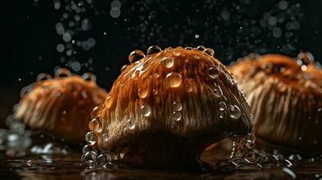 Closeup Mushroom hit by splashes of water with black blur background, AI Generative photo