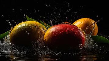 Mango hit by splashes of water with black blur background, AI Generative photo