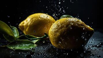 Fresh Lemon hit by splashes of water with black blur background, photo