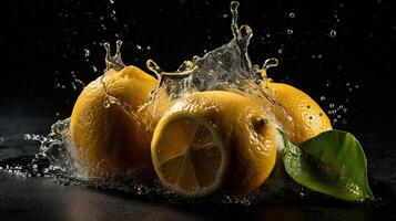 Fresh Lemon hit by splashes of water with black blur background, photo