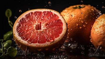 Grapefruits hit by splashes of water with black blur background, photo