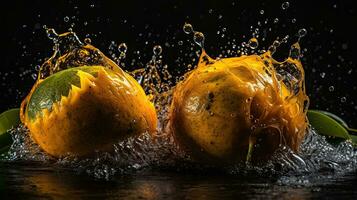 Fresh Mango hit by splashes of water with black blur background, AI Generative photo