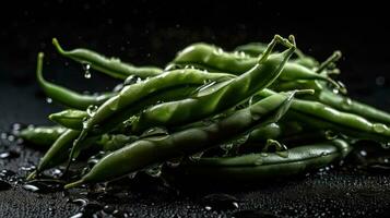 French Beans hit by splashes of water with black background and blur, AI Generative photo