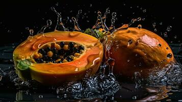 Fresh Papaya hit by splashes of water with black blur background, AI Generative photo