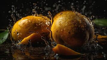 Mango hit by splashes of water with black blur background, AI Generative photo