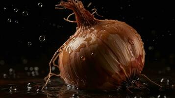 Onion hit by splashes of water with black blur background, AI Generative photo