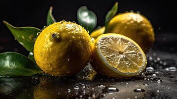 Fresh Lemon hit by splashes of water with black blur background, photo