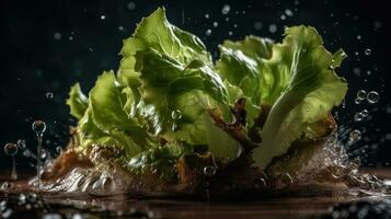 Lettuce hit by splashes of water with black blur background, AI Generative photo