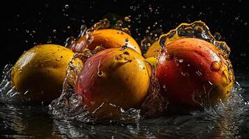 Closeup Fresh Mango hit by splashes of water with black blur background, photo