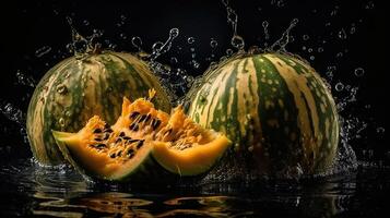 Closeup Watermelon hit by splashes of water with black blur background, AI Generative photo