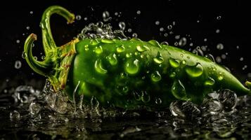 de cerca verde chile golpear por salpicaduras de agua con negro difuminar fondo, ai generativo foto