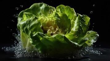 Closeup Green Lettuce hit by splashes of water with black blur background, AI Generative photo