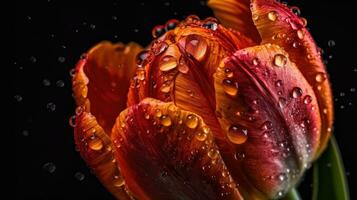 tulipanes flores golpear por salpicaduras de agua con negro difuminar fondo, ai generativo foto