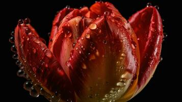 Tulips Flowers hit by splashes of water with black blur background, AI Generative photo