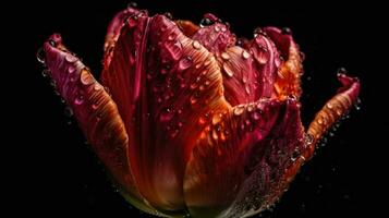 tulipanes flores golpear por salpicaduras de agua con negro difuminar fondo, ai generativo foto