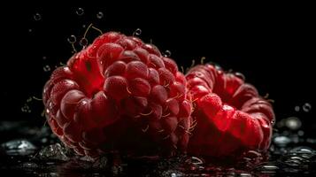 Raspberry hit by splashes of water with black blur background, AI Generative photo