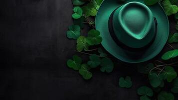 Top View St Patrick's with green leaves on green pastel background for banner design, photo