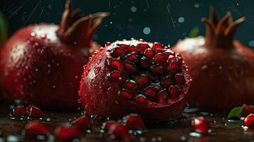 Closeup Pomegranate hit by splashes of water with black blur background, AI Generative photo