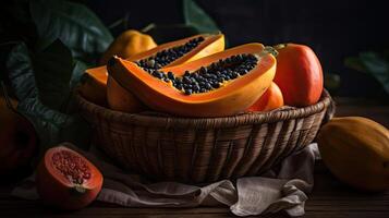 Closeup Fresh Papaya Fruits in a bamboo basket with blur background, photo