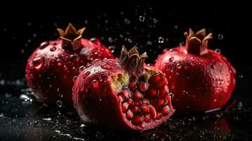 Closeup Side View Fresh Pomegranate hit by splashes of water with black blur background, AI Generative photo