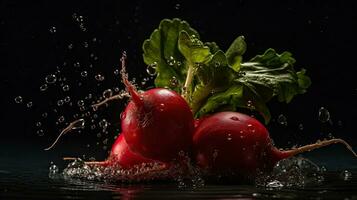 Fresh Radish with green leaf hit by splashes of water with black blur background, AI Generative photo