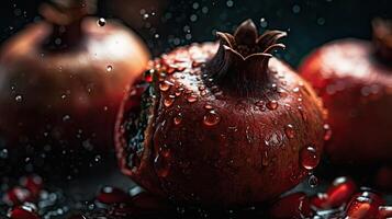 Pomegranate hit by splashes of water with black blur background, AI Generative photo