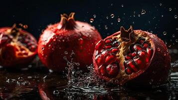 Pomegranate hit by splashes of water with black blur background, AI Generative photo