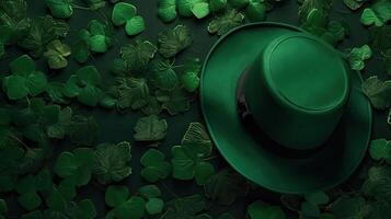 Top View of St Patrick's with green hat and green leaves on pastel background, photo