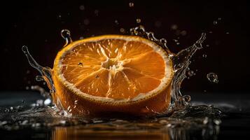 Closeup of sliced orange fruit hit by splashes of water with black blur background, photo