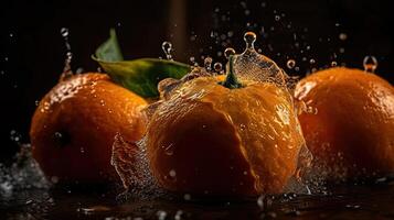 rebanado naranja Fruta golpear por salpicaduras de agua con negro difuminar fondo, ai generativo foto