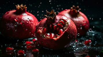 Fresh Pomegranate hit by splashes of water with black blur background, AI Generative photo