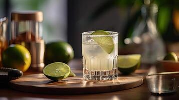 Pisco Punch Cocktail with lime cut and blurred background, AI Generative photo