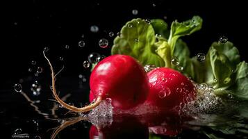 Fresh Radish with green leaf hit by splashes of water with black blur background, AI Generative photo