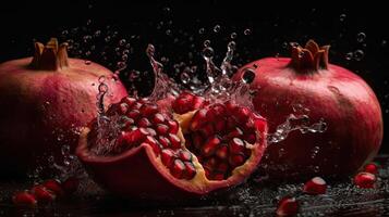 Closeup Side View Fresh Pomegranate hit by splashes of water with black blur background, AI Generative photo